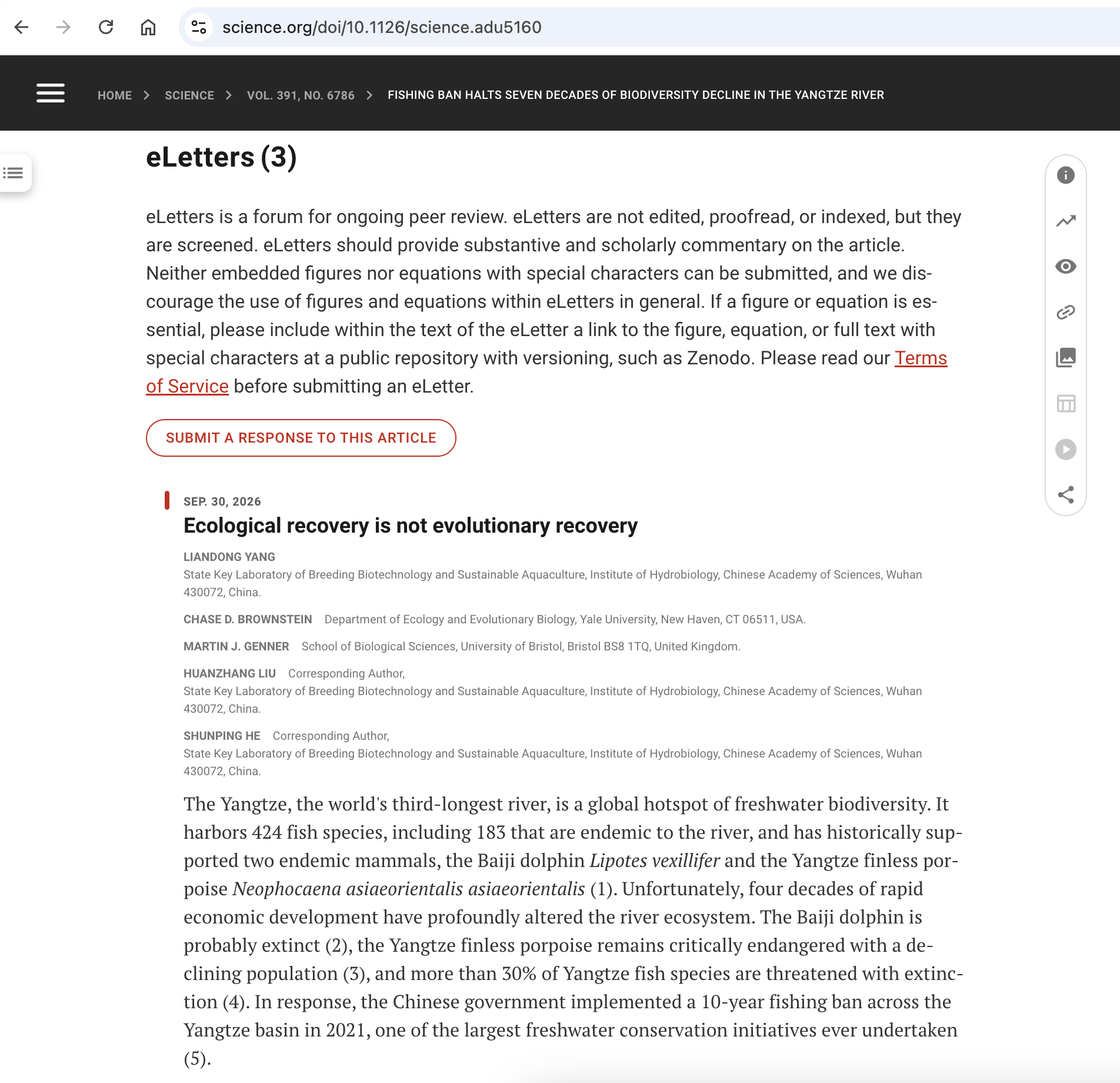 水生所在《Science》发表eLetters评论文章：长江十年禁渔成效评估需关注“进化恢复”